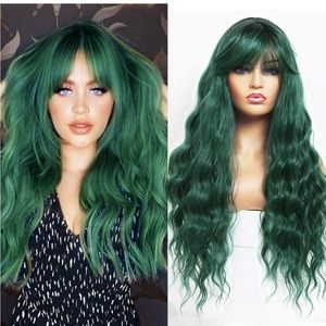Green Blue Teal Ombré Wig with Bangs Long Wavy Heat Resistant 26 inches Cosplay